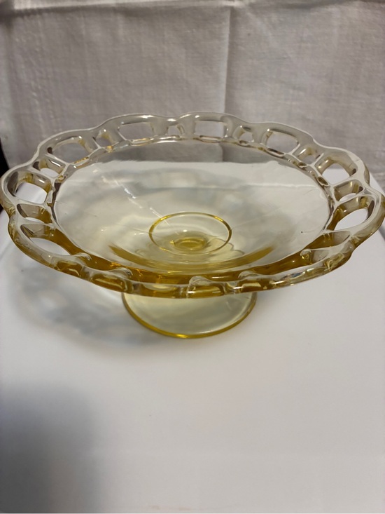 Other - Vintage Yellow Glass Cake Stand Reticulated Edge 7.5" Diameter